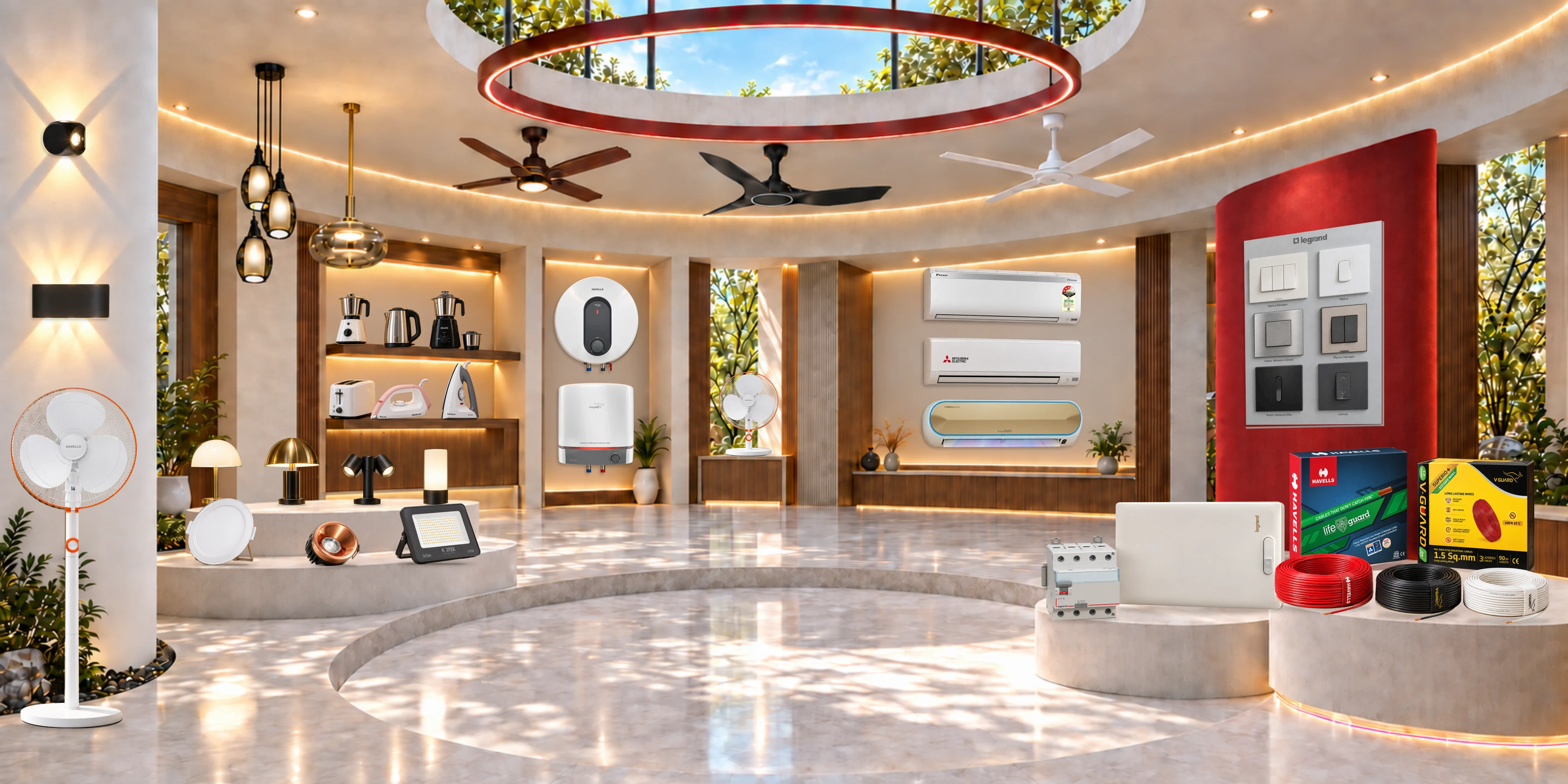 Showroom displays of fans, lighting, appliances, water heaters, air conditioners, switches, wires and circuit protection